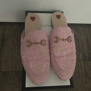 Gucci pink lace Princeton loafers